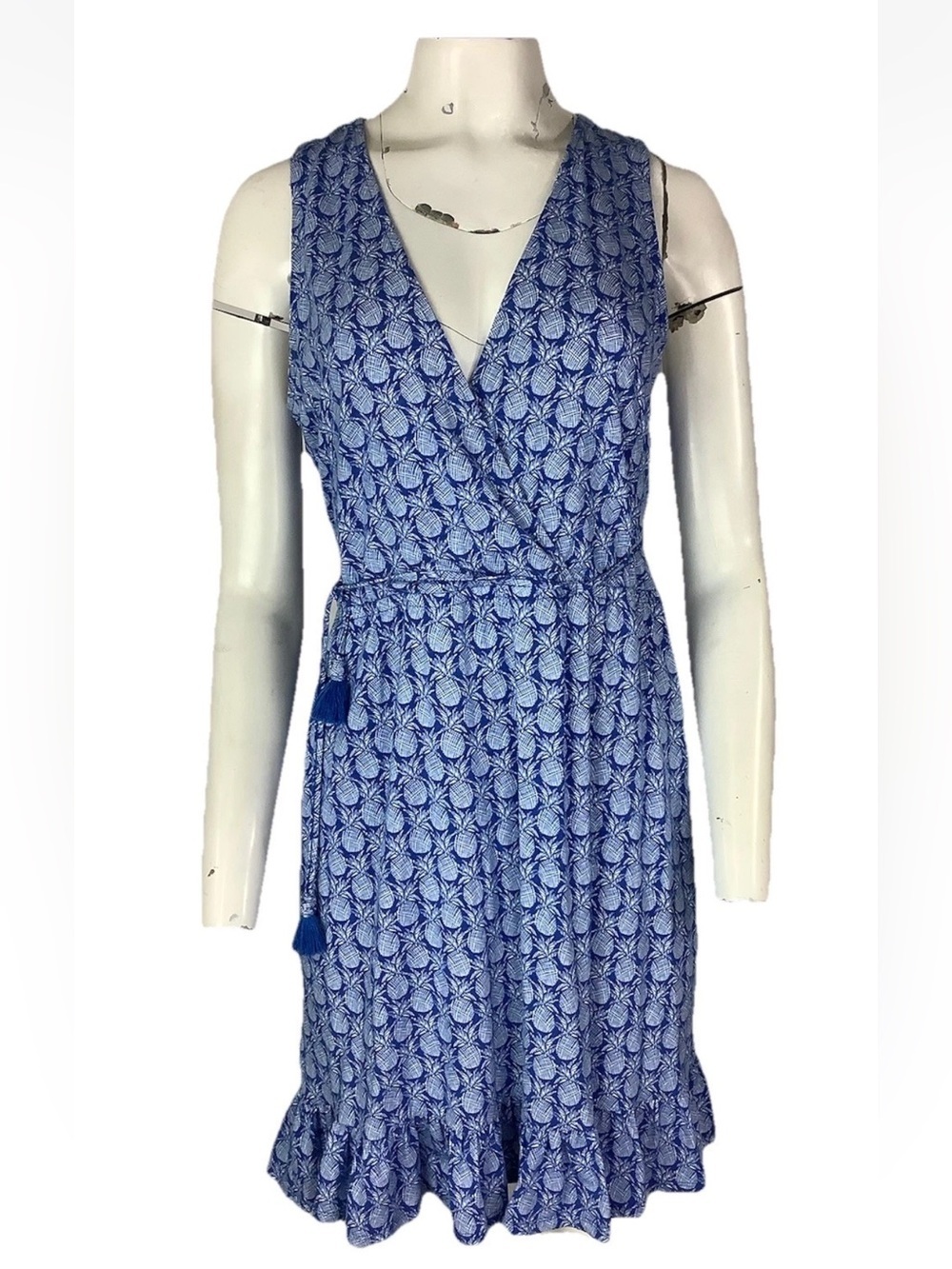 Tommy Bahama Sz S Fit & Flare Pineapple Print Vacation Beach Dress Blue